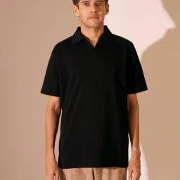 selected homme Selected Black Cotton Regular Fit Texture Polo T-Shirt image 1