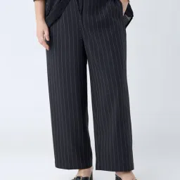 Gia by Westside Black Pinstriped High-Rise Trousers with Belt-image-87