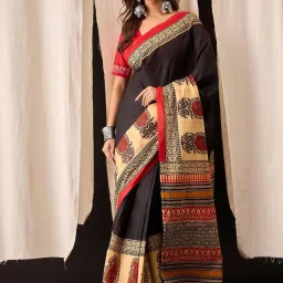 Anjaneya Sarees Black Woven Cotton Silk Printed Designer Saree image 1