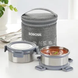 Borosil Stainless Steel Grey Lunch Boxes with Bag & Microwave Oven Safe ( Set of 2 ) image 1