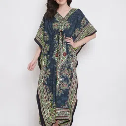 Clovia Blue Floral Print Kaftan Nighty-image-32