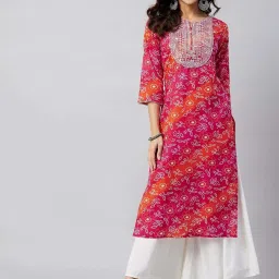 Inweave Pink Cotton Embroidered Straight Kurta image 1