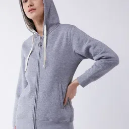 FEMEA Grey Fleece Solid Full Sleeves Hooded Sweatshirt image 3