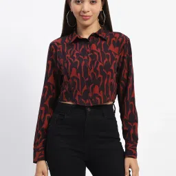 MADAME Dark Rust Printed Crop Shirt image 1