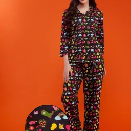Clovia Black Printed Shirt With Pyjamas image 1