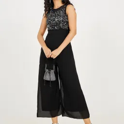 Miss Chase Black Georgette Solid Sleeveless Jumpsuit image 1