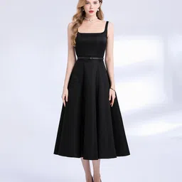 JC Collection Women Solid Shoulder Straps Fit & Flare Midi Dress-picture-18