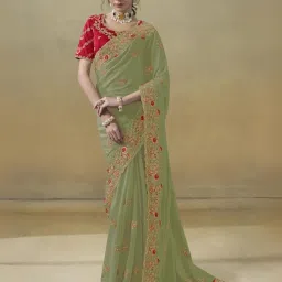 Odette Green Georgette Embroidered Saree With Unstitched Blouse image 1