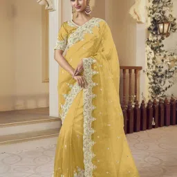 Odette Yellow Organza Embellished Saree With Unstitched Blouse image 1
