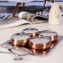 Roxx Brown & Silver Metal Bowl Set (4pcs Bowl with Lid, 4pcs Spoon with 1pcs Tray) image 1