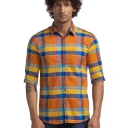 Parx Yellow Cotton Slim Fit Checks Shirt-image-69