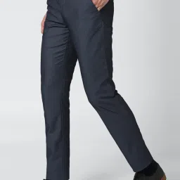 Van Heusen Navy Cotton Slim Fit Self Pattern Flat Front Trousers image 3