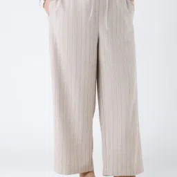 Gia by Westside Beige Pinstriped High-Rise Trousers with Belt-image-6