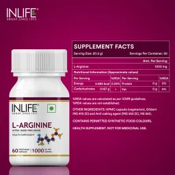 INLIFE L-Arginine 1000mg Supplement (60 Veg Capsules) Serving, Nitric Oxide Precursor image 4