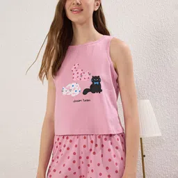 Trendyol Women Printed Pure Cotton T-Shirt & Shorts Night Suits-picture-46