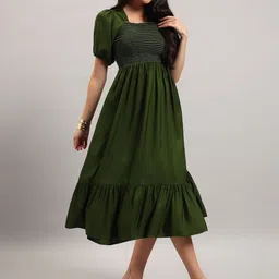 Femvy Square Neck Puff Sleeves Fit & Flare Tiered Midi Dress-picture-39
