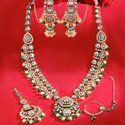 Zaveri Pearls Traditional Green Enamel Kundan Bridal Jewellery Set image 2