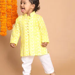 Vastramay Full Sleeves Paisley Embroidered Kurta & Solid Pajama Set - Mustard-picture-31