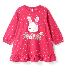 Babyhug Cotton Knit Full Sleeves Nighty with Frill Polka Dot & Bunny Print - Red-picture-25