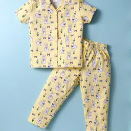 Ollypop Sinker Knit Half Sleeves Co-ords Night Suit With Checks & Animal Print - Yellow-picture-19