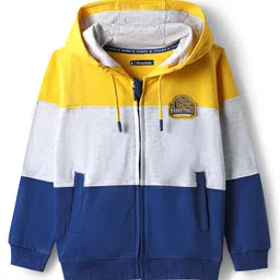 Pine Kids Cotton Knit Full Sleeves Cut & Sew Hooded Sweatjacket with Badge - Yellow Grey & Navy Blue-picture-22