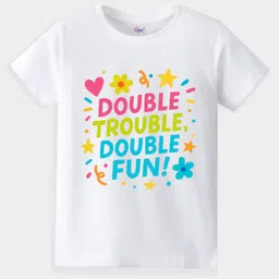 KAVEE Pure Cotton Knit Raksha Bandhan Theme Half Sleeves Double Trouble Double Fun Text Printed Biowashed Tee - White-picture-17