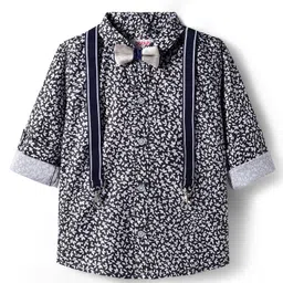 Babyhug Cotton Woven Full Sleeves Floral Printed Shirt with Bow & Suspender - White & Navy Blue-picture-16