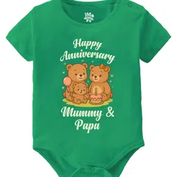 Baby Buzz 100% Cotton Knit Anniversary Theme Half Sleeves Happy Anniversary Mummy & Papa Text Printed Onesie - Green-image-90