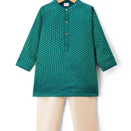 Babyhug Brocade Woven Full Sleeves Kurta Pajama Set With Floral Foil Print - Dark Green-picture-24