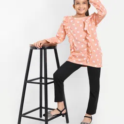 Nino Togs Cotton Jersey Knit Full Sleeves Hearts Printed Frill Detailed Top & Lounge Pants - Peach & Black-picture-21