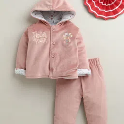 BUMZEE Cotton Blend Knit Full Sleeves Floral Embroidered Hooded Shirt & Pants Set - Peach-picture-19