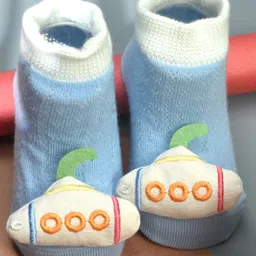 Yellow Bee Cotton Knit Submarine Applique Detailed Socks - Blue-image-0