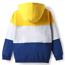 Pine Kids Cotton Knit Full Sleeves Cut & Sew Hooded Sweatjacket with Badge - Yellow Grey & Navy Blue image 2