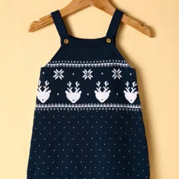 ToffyHouse 100% Cotton Knit Full Sleeves Polka Dots & Deer DesignedPeter Pan Collared Top & Sweater Dress with Stockings - Navy Blue image 4