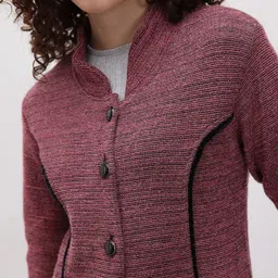 The Roadster Life Co. Horizontally Self-Striped Contrast Piping Woollen Longline Cardigan image 4