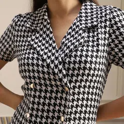 Globus Women Houndstooth Printed Notched Lapel Double Breasted Mini Formal Blazer Dress image 4