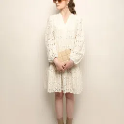 Vero Moda Beige Cotton Self Design A Line Dress image 1