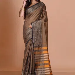 Unnati Silks Brown Cotton Woven Saree With Unstitched Blouse image 1