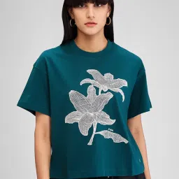 Spykar Teal Printed Oversized T-Shirt image 1