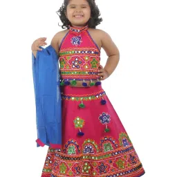 Ahhaaaa Kids Pink & Blue Cotton Embroidered Lehenga Cholis image 1