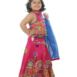 Ahhaaaa Kids Pink & Blue Cotton Embroidered Lehenga Cholis image 4
