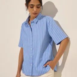 Wardrobe by Westside Blue Pinstriped Cotton Shirt-picture-24