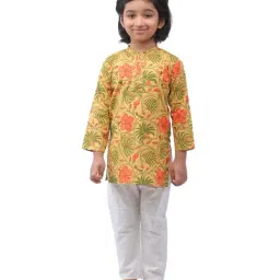 Ahhaaaa Kids Yellow & White Cotton Floral Print Kurta Set-picture-4