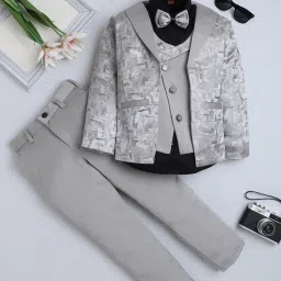 Fourfolds Kids Grey Jacquard Three Piece Suit Set With Bow image 1