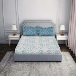Spaces Atrium Blue 100% Cotton 144 TC Double Bedsheet with 2 Pillow Covers image 1