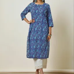 Soch Blue Cotton Printed Straight Kurta image 1