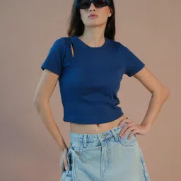 VIRGIO Navy Blue Regular Fit Solid Top image 1