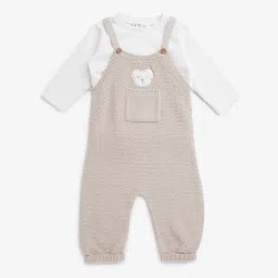 HOP Baby by Westside Taupe Knitted Cotton Blend Dungaree & T-Shirt Set image 1