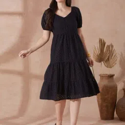 Globus Women Black Sweetheart Neck Puff Sleeves Self Design Schiffli Tiered A-Line Midi Resort Dress-picture-18