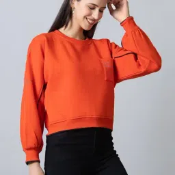 FEMEA Orange Fleece Solid Full Sleeves Sweatshirt image 4